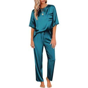 Womens Satin Silky Pajama Set Short Sleeve Shirt with Long Pajama Green